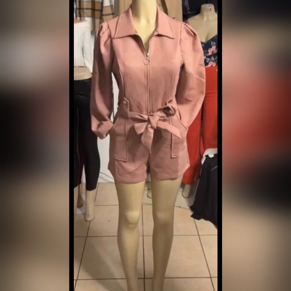 Pink Zip-Up Romper with Belt